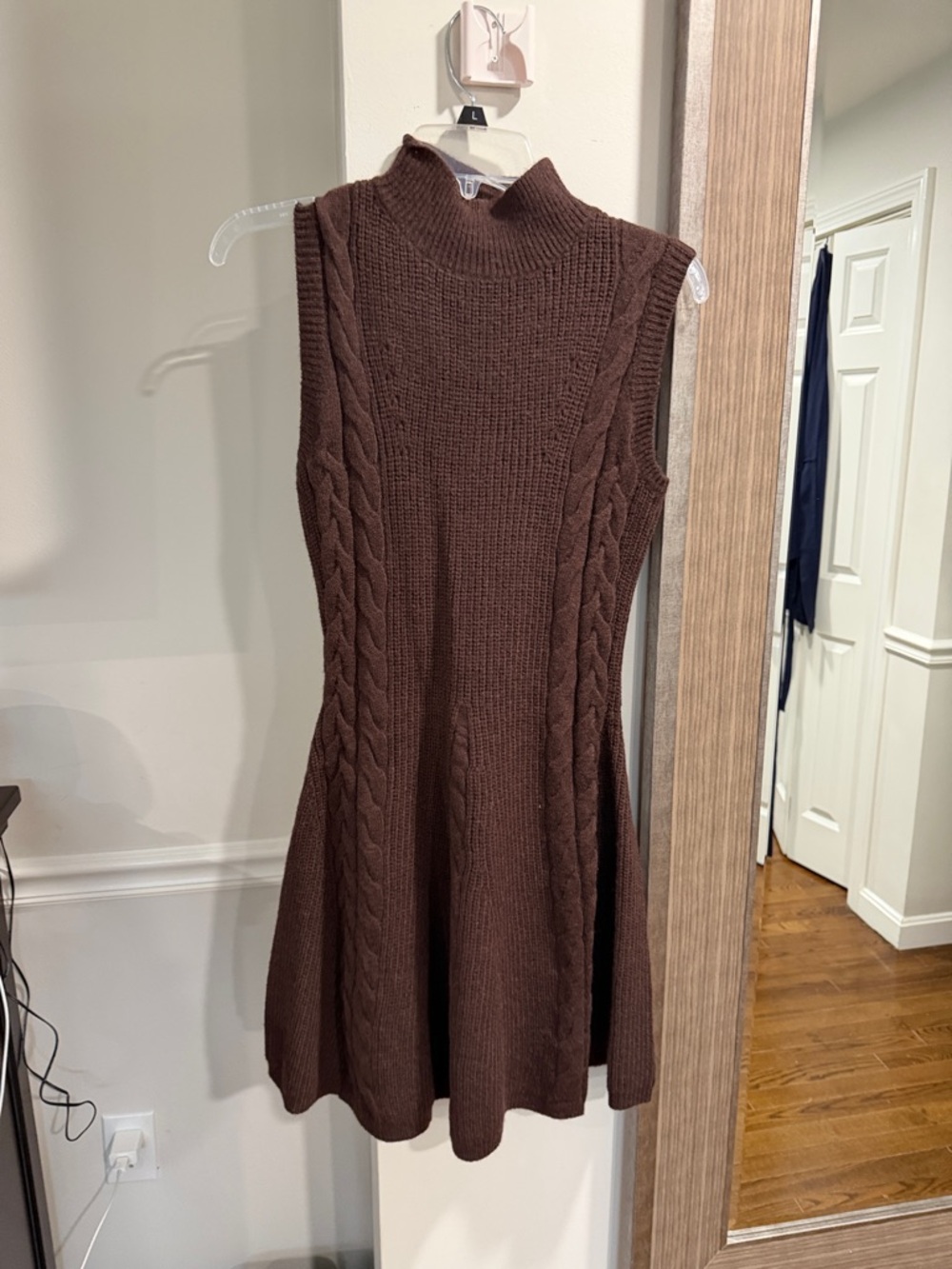 Sleeveless Cable-Knit Mock Neck Dress in Chocolate Brown